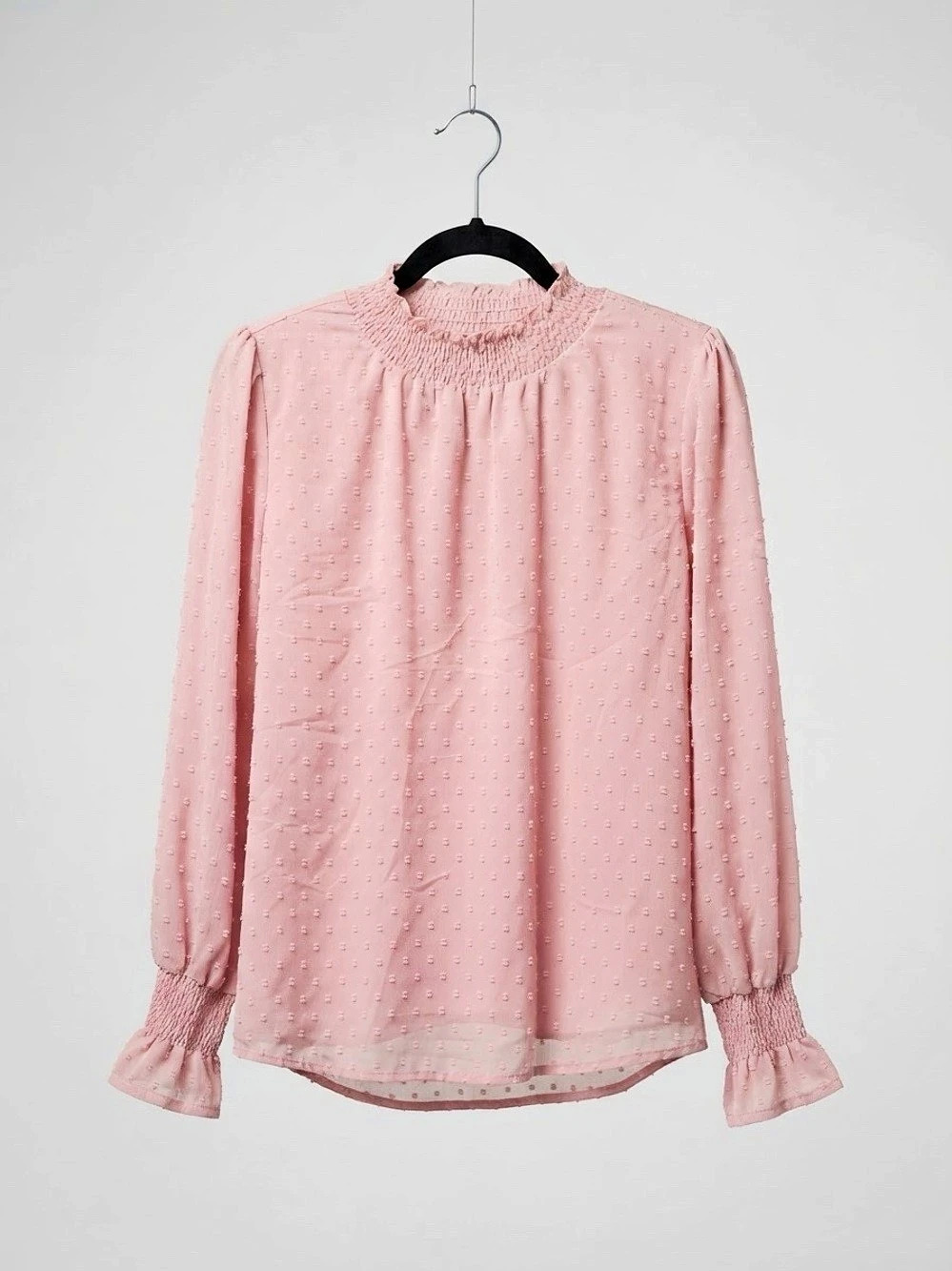Papillon Swiss Dot Mock Neck Smocked Cuff Blouse Pink Medium